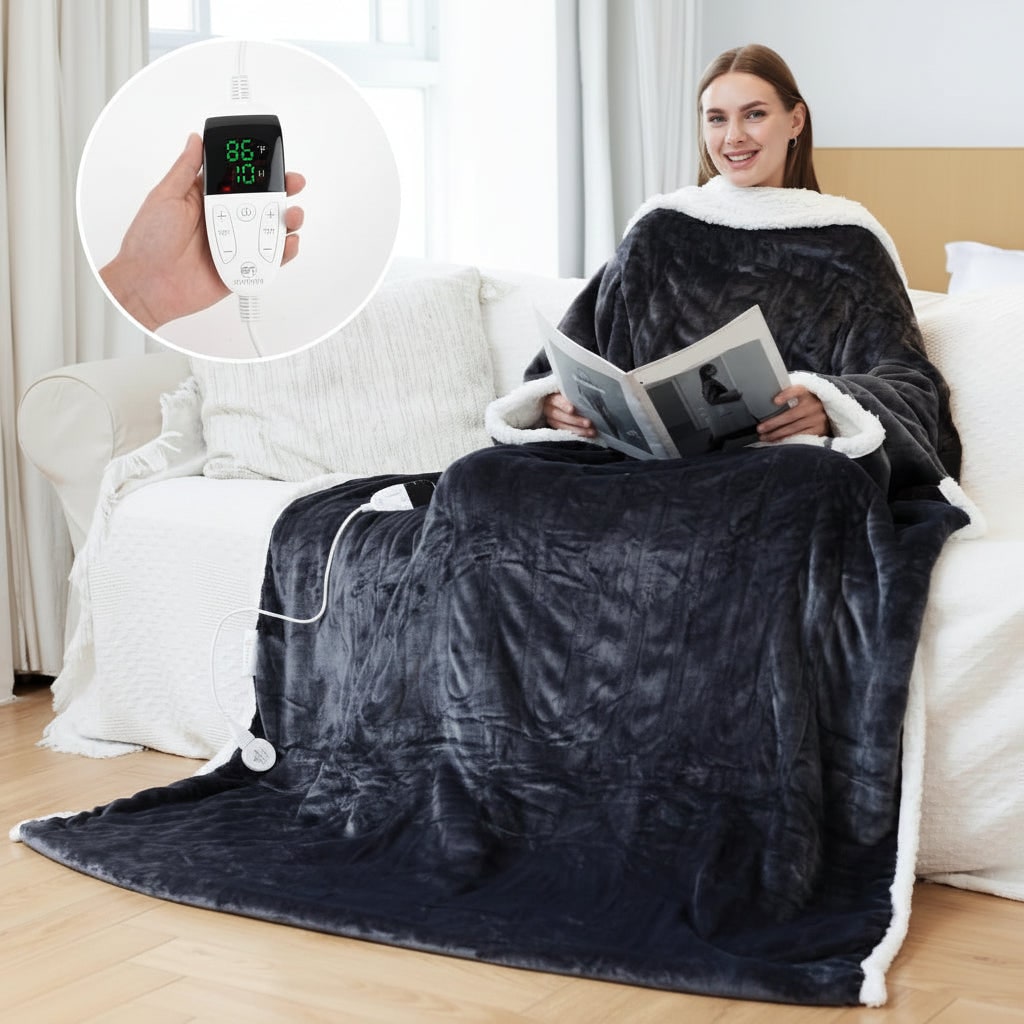Electric Heated Wearable Blanket with Sleeves and Foot Pocket Sherpa Fleece Throw - Image 9