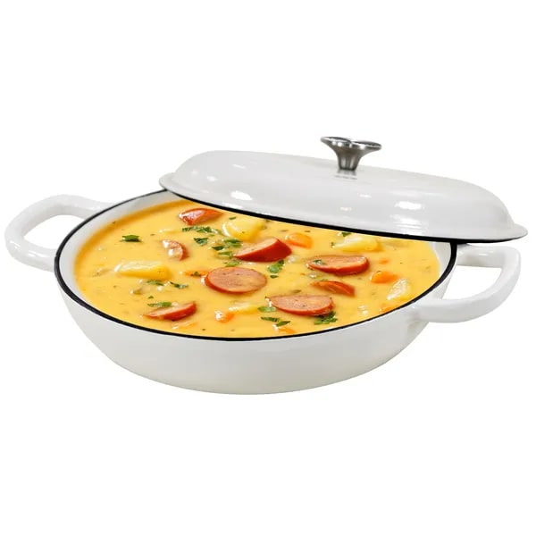 Enameled Cast Iron Cookware Braiser with Lid Shallow Round Dutch Oven Pot with Loop Handles - Image 1