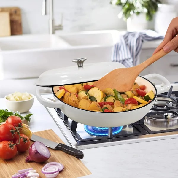Enameled Cast Iron Cookware Braiser with Lid Shallow Round Dutch Oven Pot with Loop Handles - Image 3