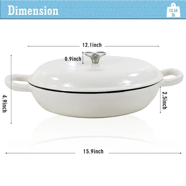 Enameled Cast Iron Cookware Braiser with Lid Shallow Round Dutch Oven Pot with Loop Handles - Image 5