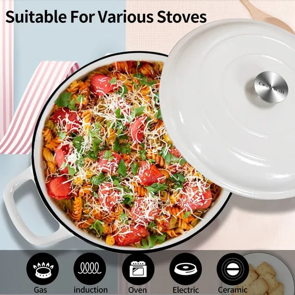 Enameled Cast Iron Cookware Braiser with Lid Shallow Round Dutch Oven Pot with Loop Handles - Image 7