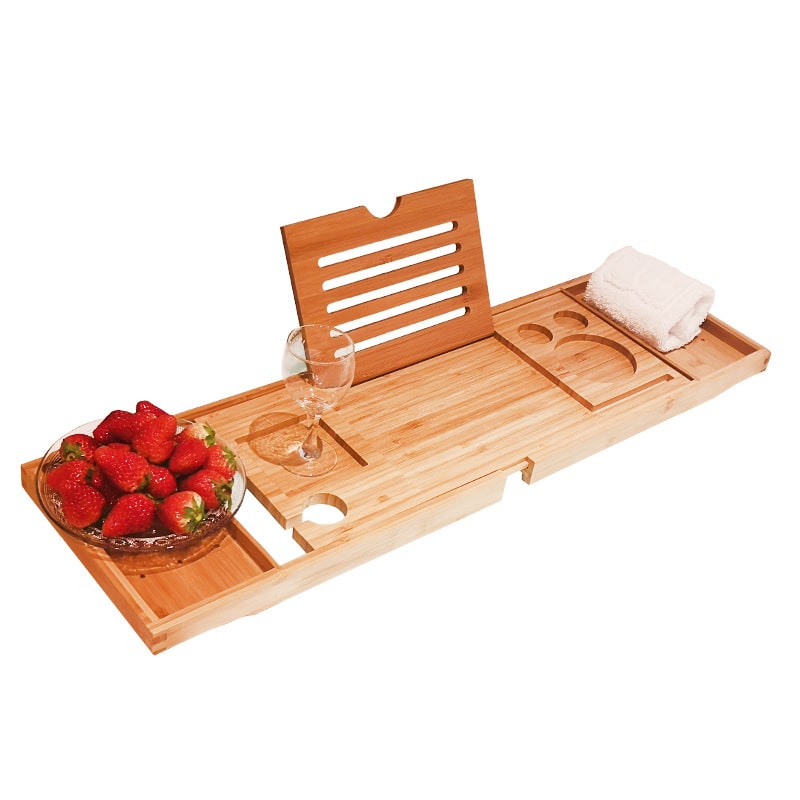 Expandable Bamboo Bathtub Caddy Tray with Organizer Compartments and Folding Legs - Image 1
