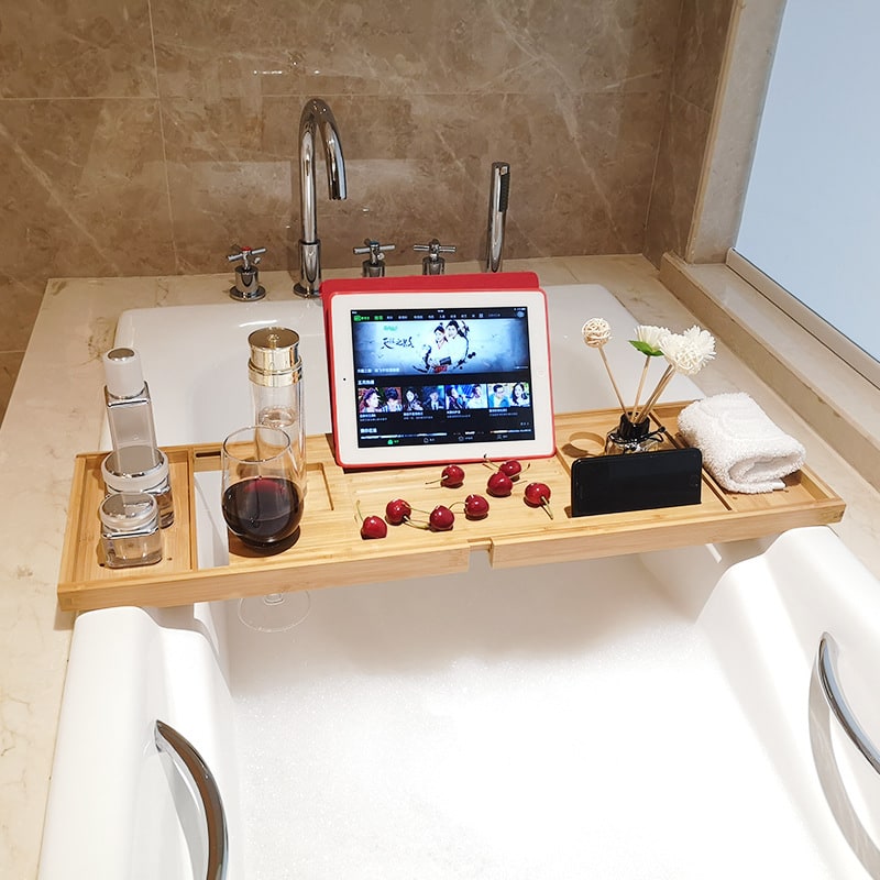 Expandable Bamboo Bathtub Caddy Tray with Organizer Compartments and Folding Legs - Image 4