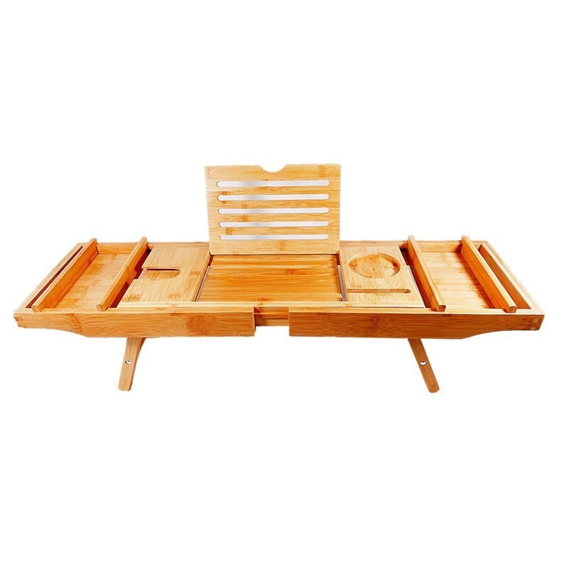 Expandable Bamboo Bathtub Caddy Tray with Organizer Compartments and Folding Legs - Image 5