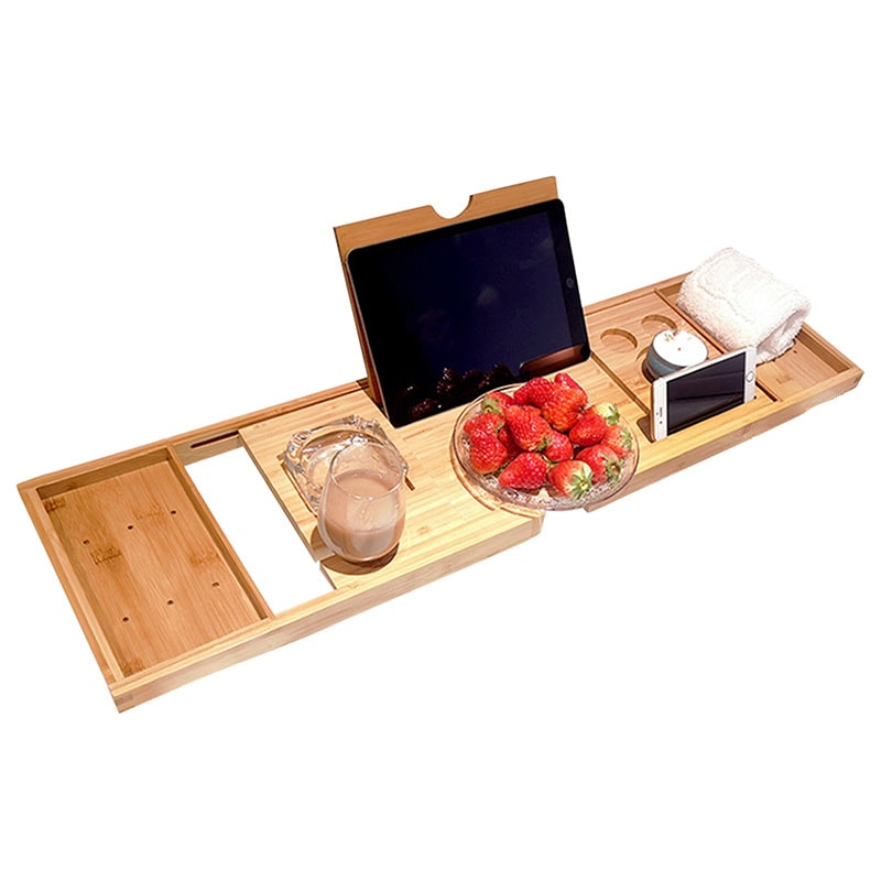 Expandable Bamboo Bathtub Caddy Tray with Organizer Compartments and Folding Legs - Image 7