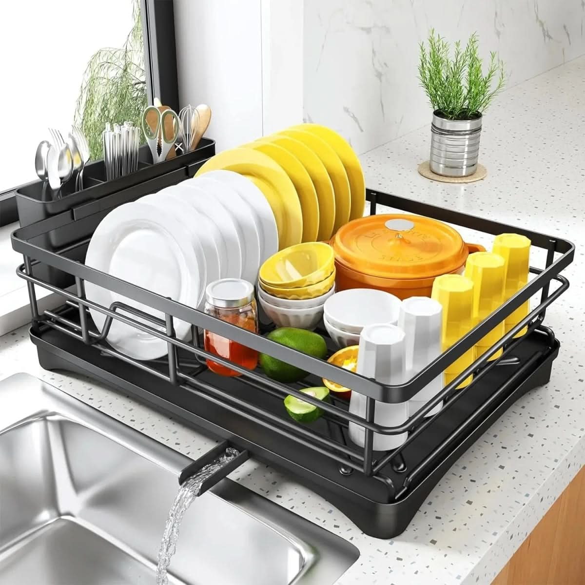 Expandable Dish Drying Rack with Integrated Drip Tray and Over Sink Extension - Image 1
