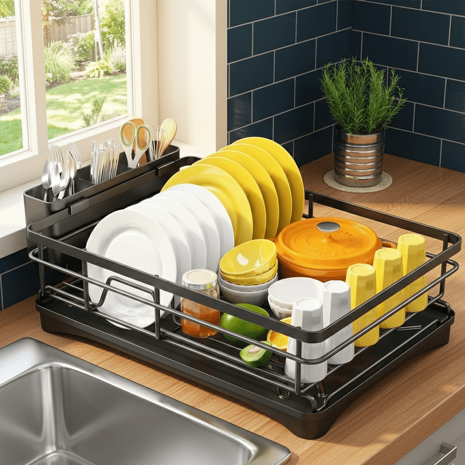 Expandable Dish Drying Rack with Integrated Drip Tray and Over Sink Extension - Image 2