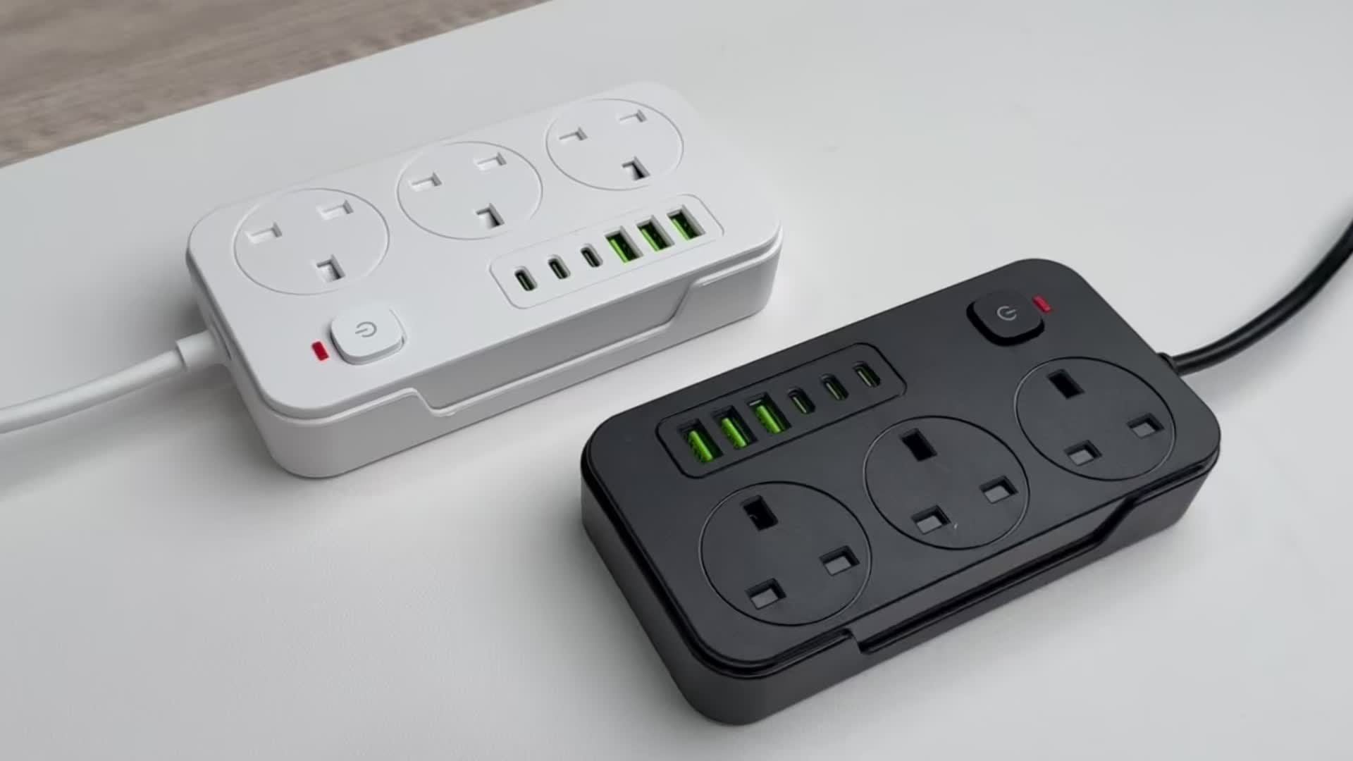 Prodlužovací přívod s 3 zásuvkami, 6 USB porty a 2m prodlužovacím kabelem – 13A