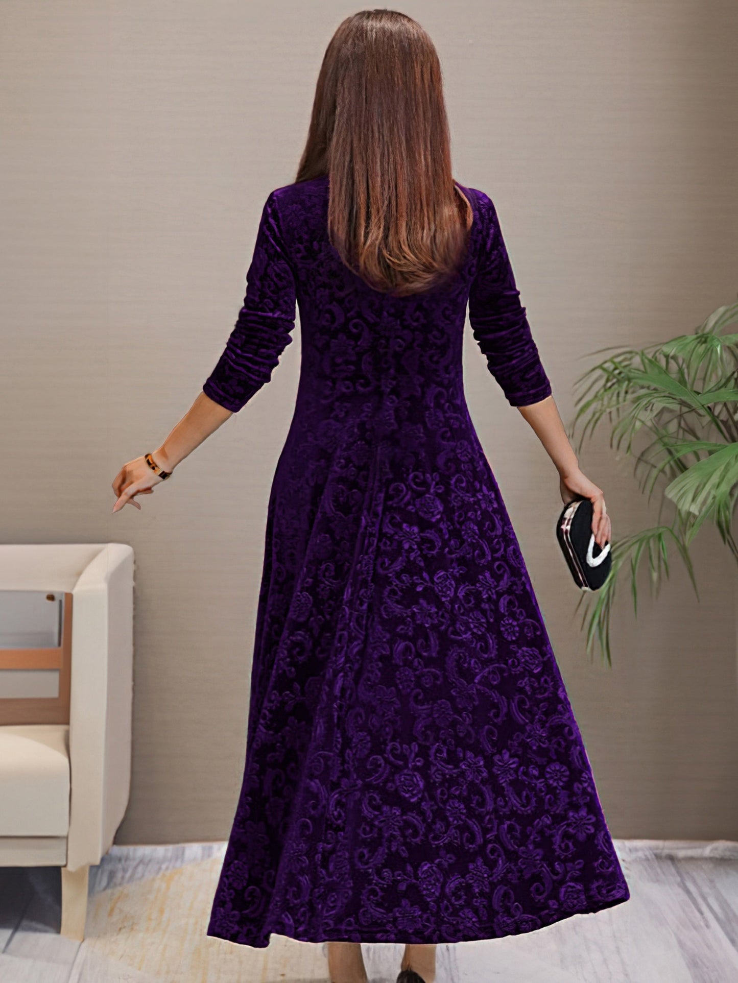 Women’s Floral Formal Dress Plus Size V-Neck Long Sleeve Style