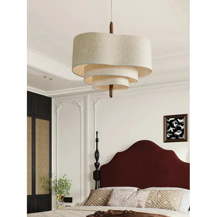 Fabric Pendant Light with Wavy Shade and Wooden Rod for Dining Room Living - Image 1