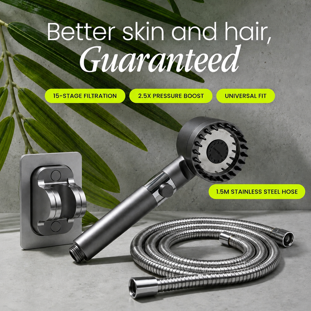 Filtered Water Shower Head with High Pressure Handheld Spray and Stop Button And Hose - Image 7