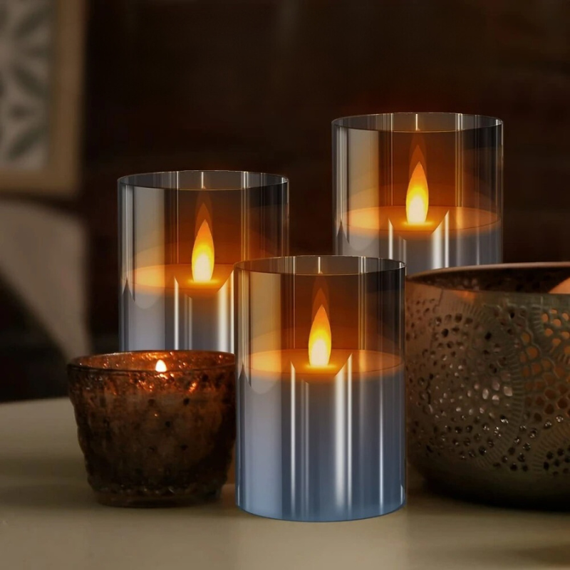 Flameless Candlesticks Battery Operated LED Pillar Candles with Glass Cylinder Set of Three - Image 1
