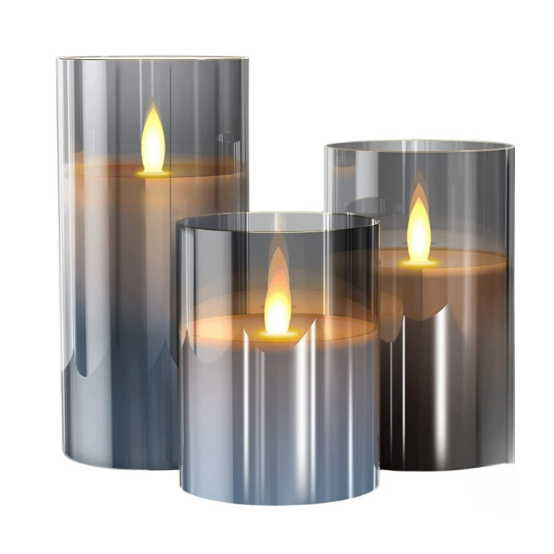 Flameless Candlesticks Battery Operated LED Pillar Candles with Glass Cylinder Set of Three - Image 3