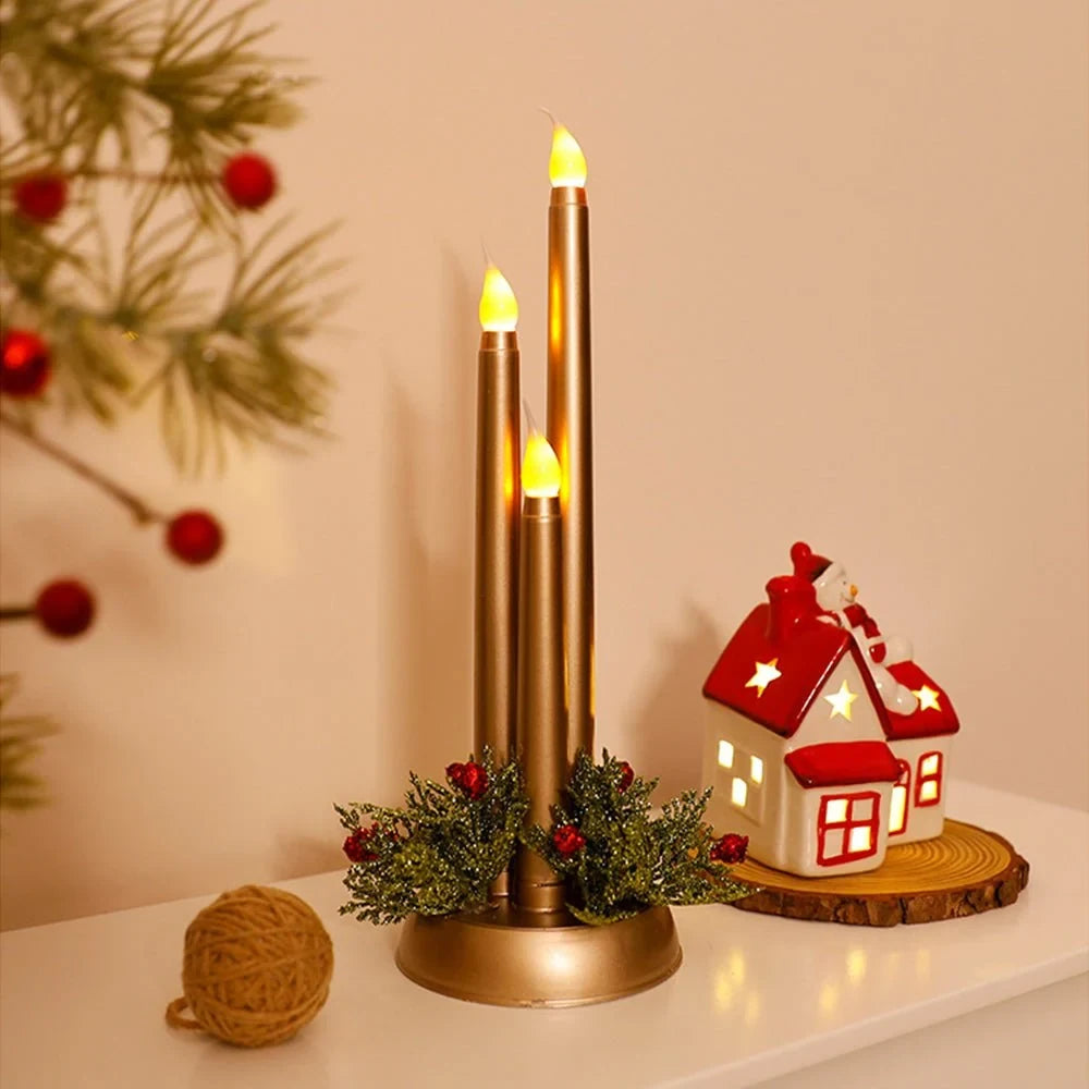 Flameless LED Candle Centerpiece with Flickering Taper Lights and Holiday Greenery - Image 1