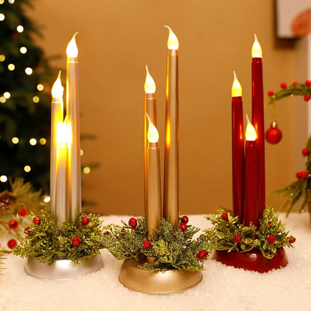 Flameless LED Candle Centerpiece with Flickering Taper Lights and Holiday Greenery - Image 2
