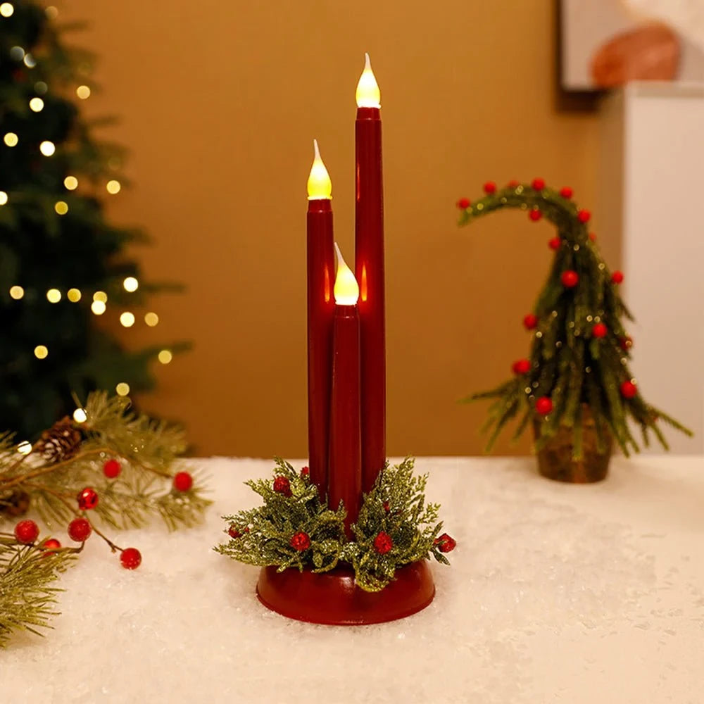 Flameless LED Candle Centerpiece with Flickering Taper Lights and Holiday Greenery - Image 5
