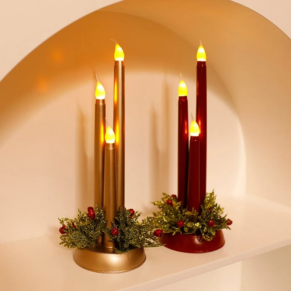 Flameless LED Candle Centerpiece with Flickering Taper Lights and Holiday Greenery - Image 7