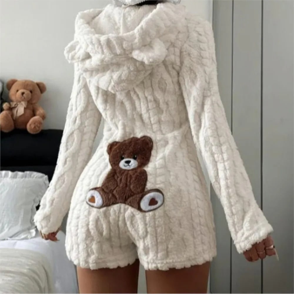 Fleece Romper with Long Sleeves Plush Hooded Design and Bear Ears - Image 1