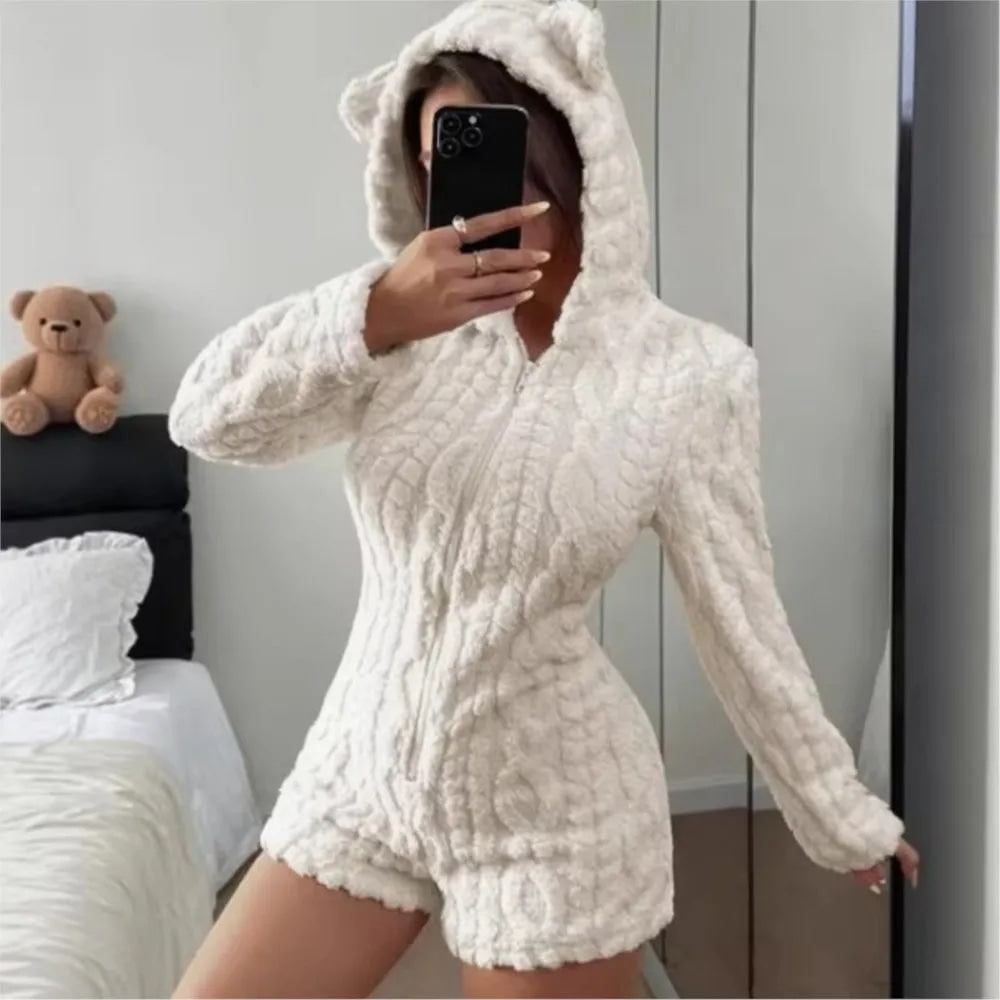 Fleece Romper with Long Sleeves Plush Hooded Design and Bear Ears - Image 2