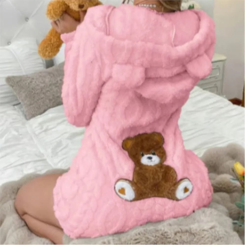 Fleece Romper with Long Sleeves Plush Hooded Design and Bear Ears - Image 3