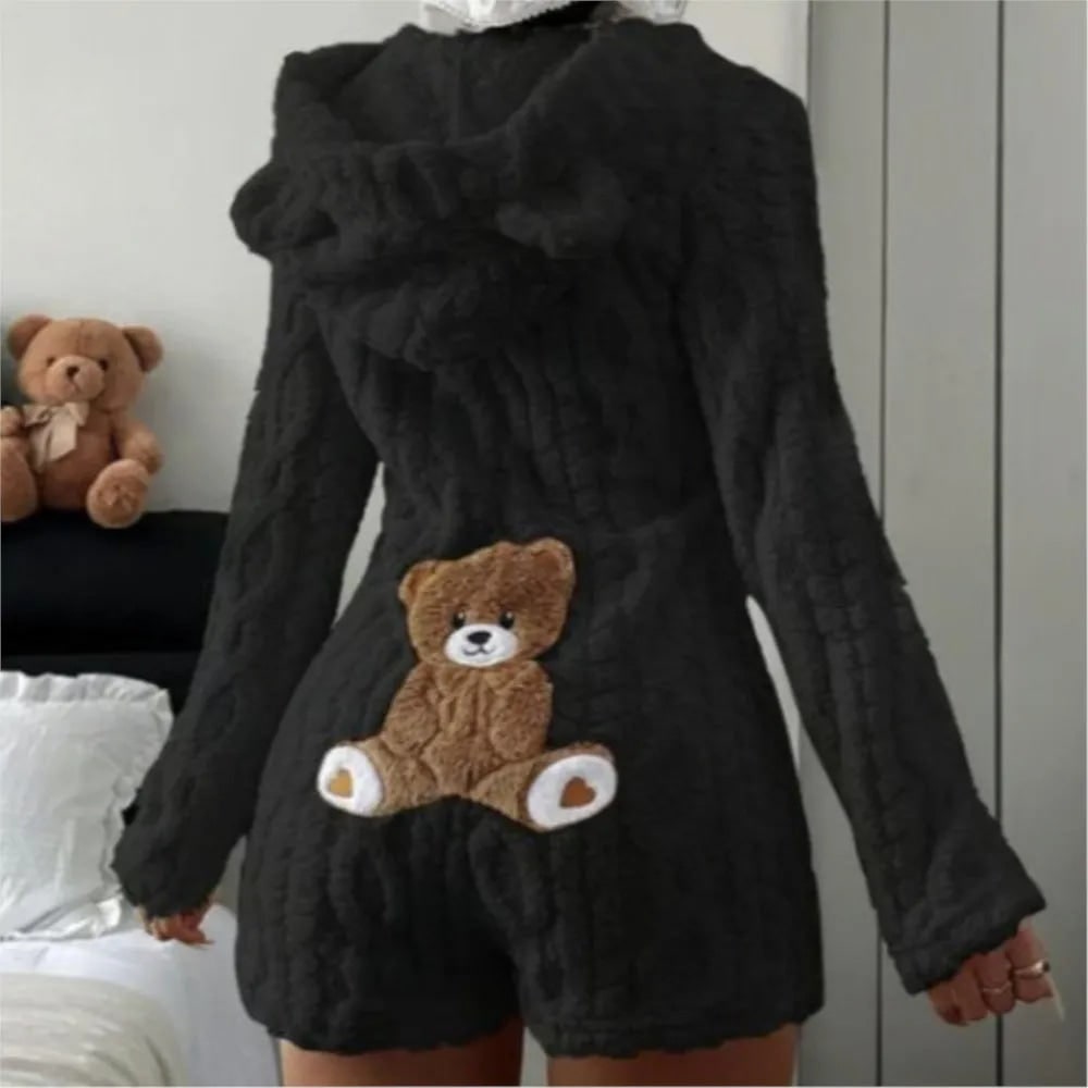 Fleece Romper with Long Sleeves Plush Hooded Design and Bear Ears - Image 4
