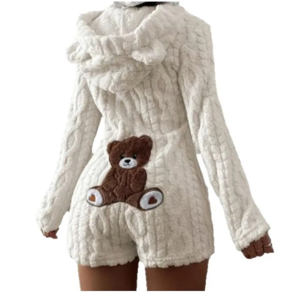 Fleece Romper with Long Sleeves Plush Hooded Design and Bear Ears - Image 5