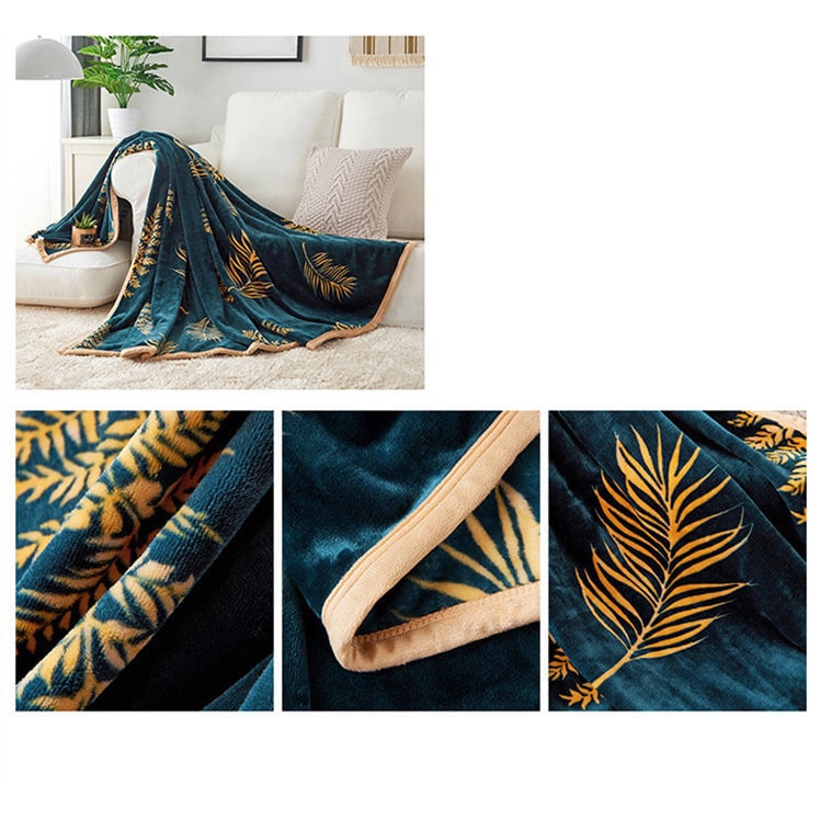 Fleece Throw Blanket with Faux Fur and Soft Plush Flannel Botanical Leaf Pattern Sofa - Image 4