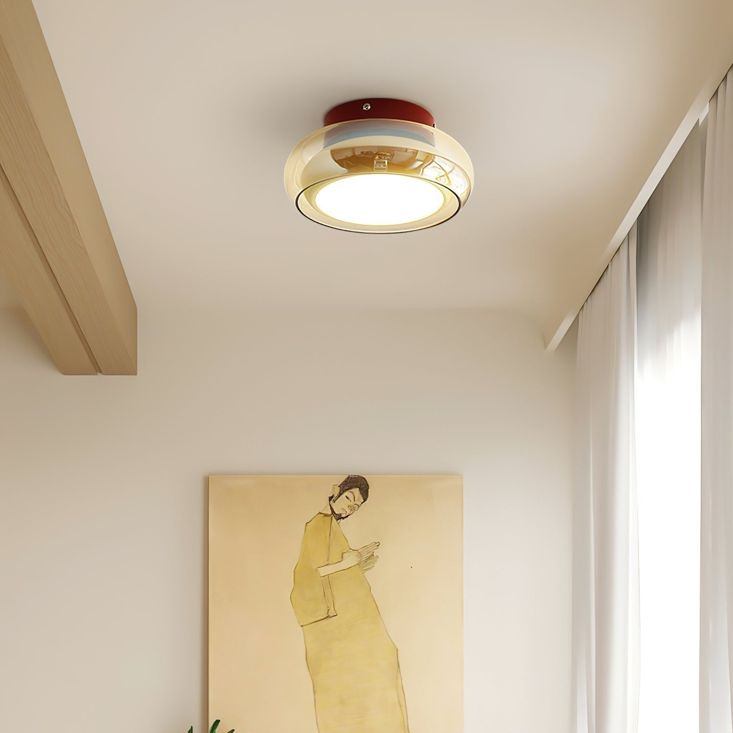 Flush Mount Ceiling Light Fixture Vintage Amber Glass LED Integrated Retro - Image 3