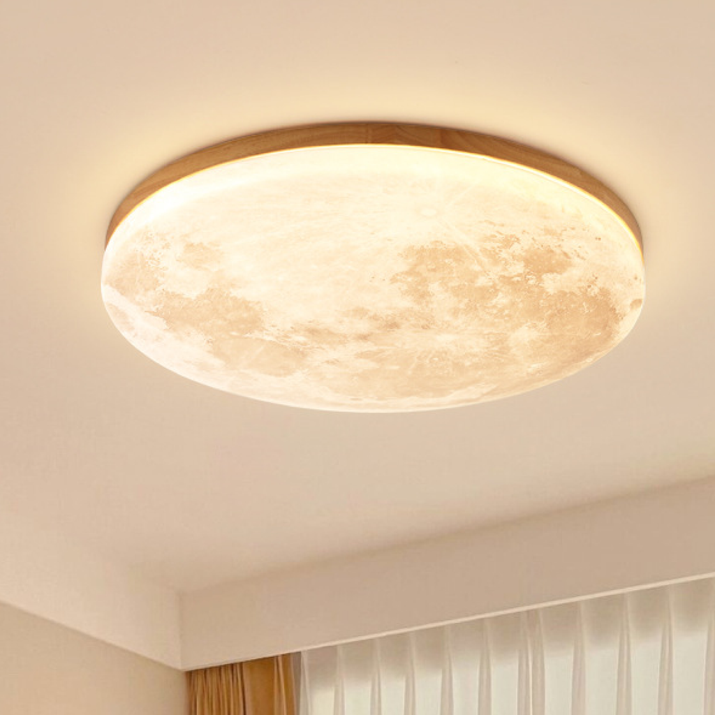 Flush Mount Ceiling Light Round Moon Print LED Wood - Image 1