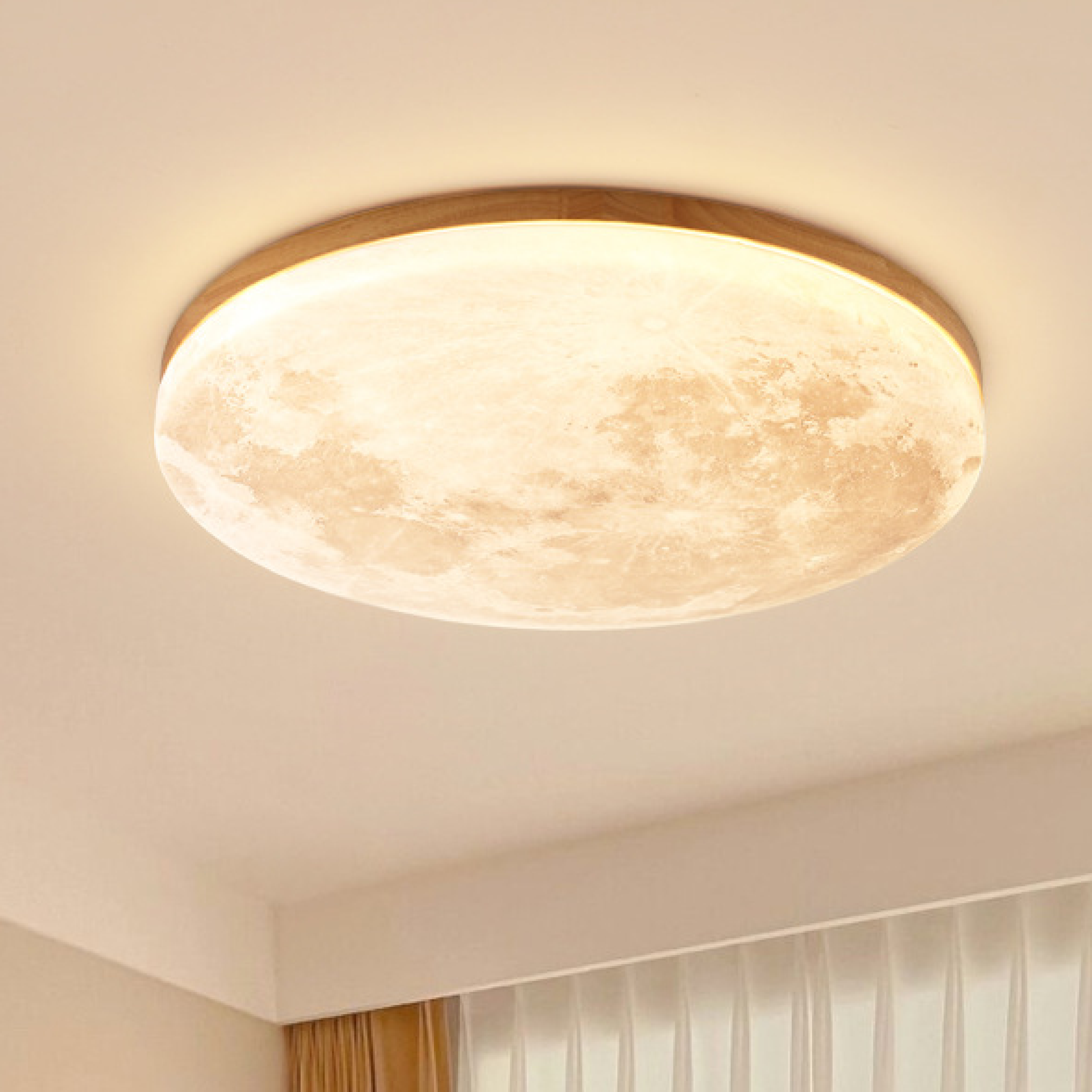 Flush Mount Ceiling Light Round Moon Print LED Wood - Image 1