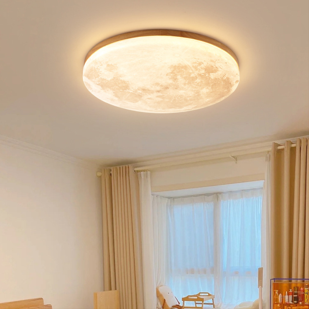 Flush Mount Ceiling Light Round Moon Print LED Wood - Image 2