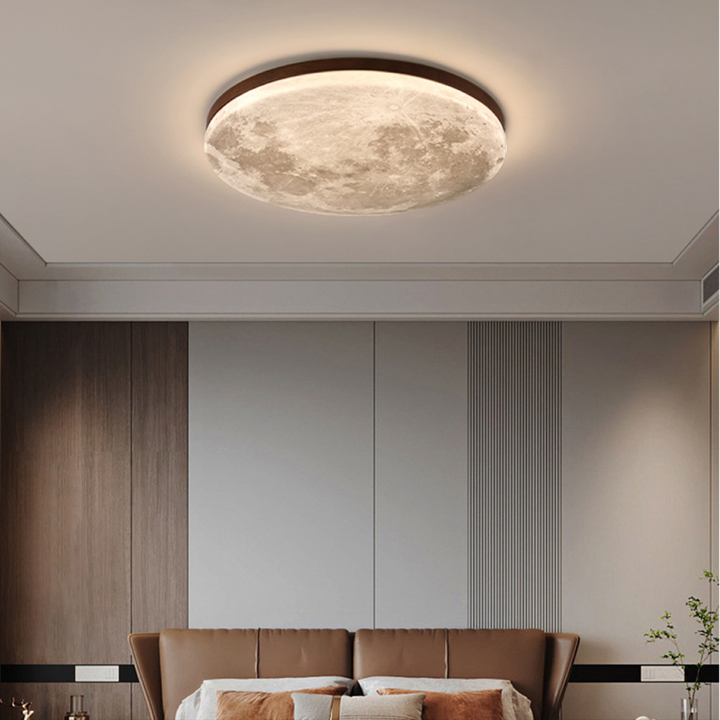 Flush Mount Ceiling Light Round Moon Print LED Wood - Image 3