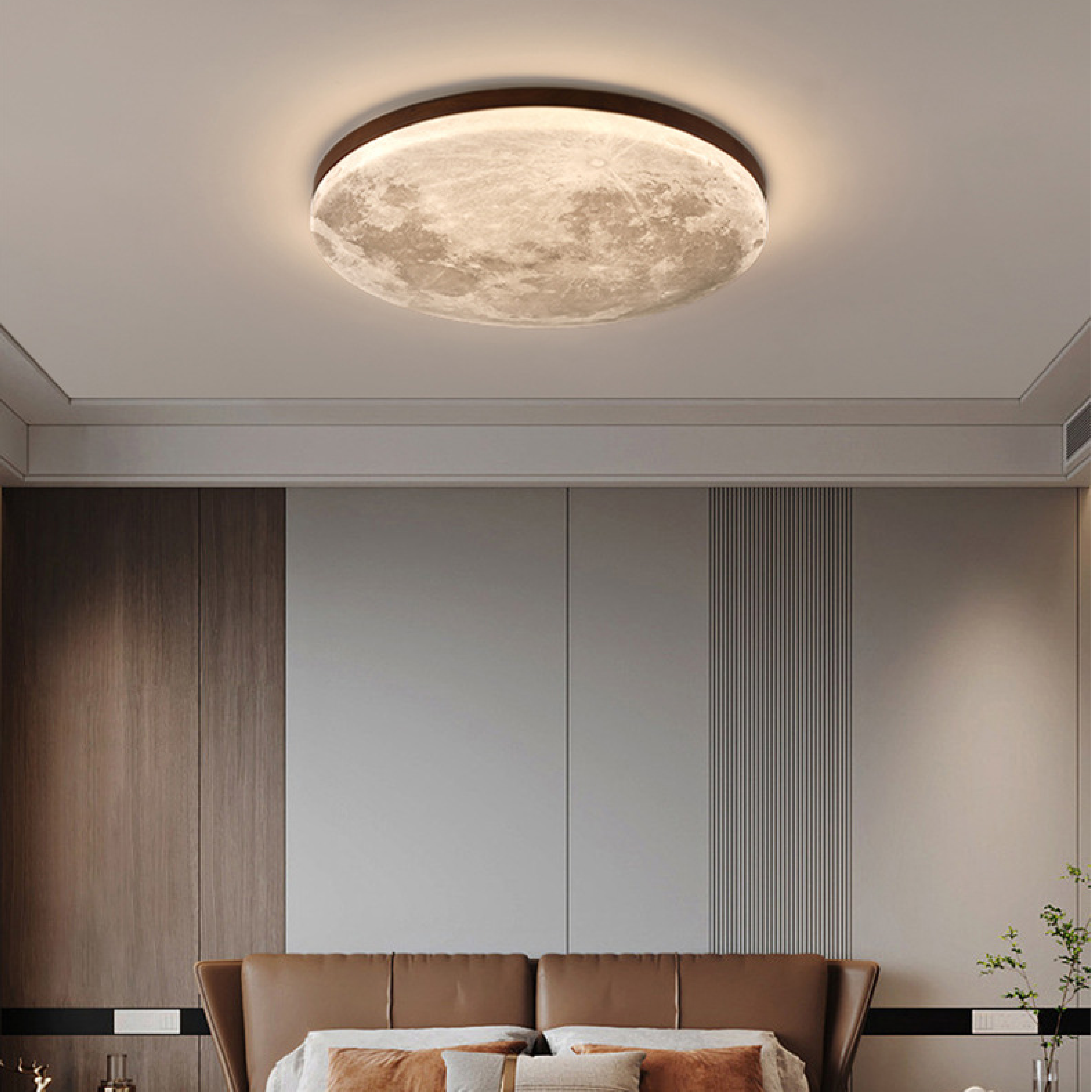Flush Mount Ceiling Light Round Moon Print LED Wood - Image 3