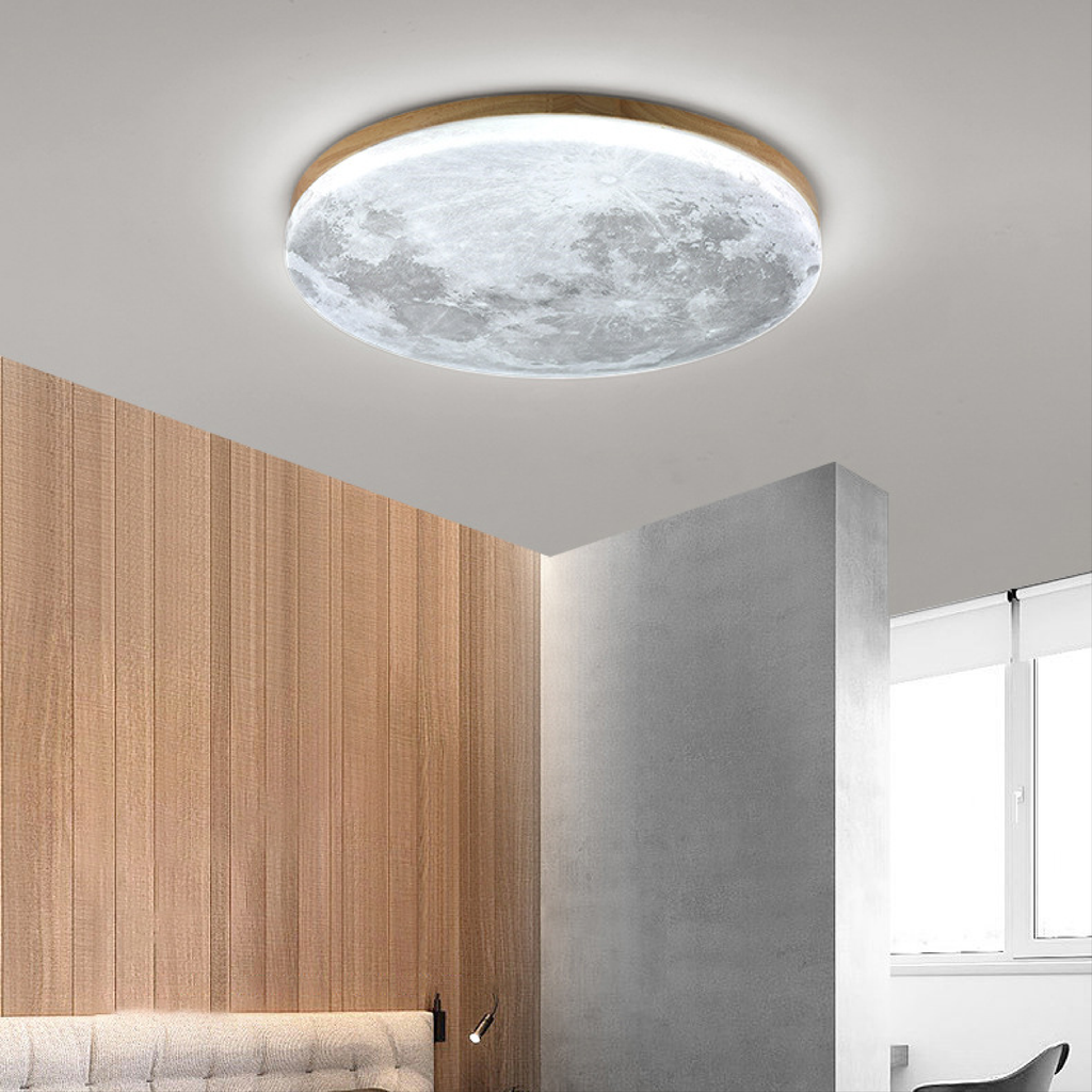 Flush Mount Ceiling Light Round Moon Print LED Wood - Image 4