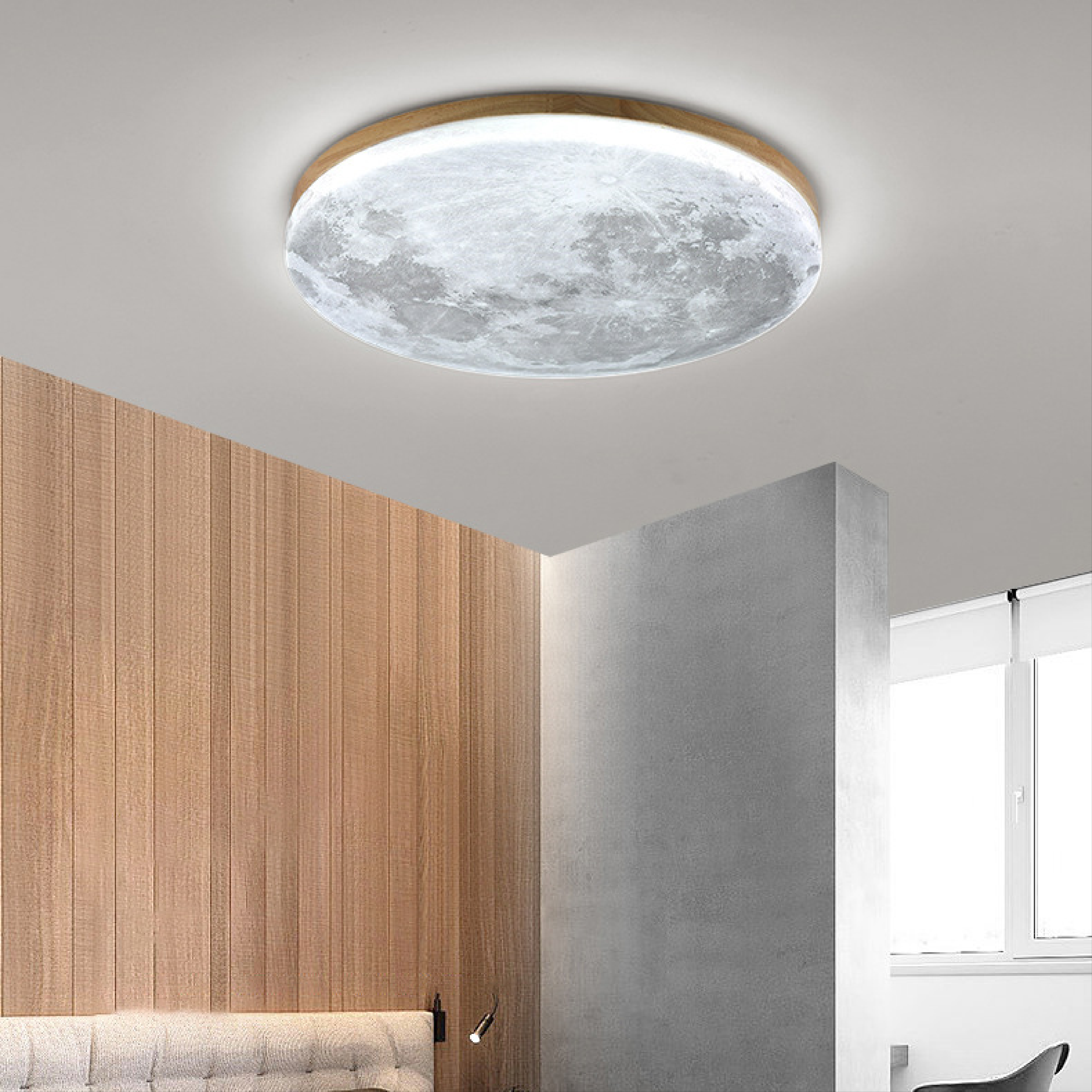 Flush Mount Ceiling Light Round Moon Print LED Wood - Image 4