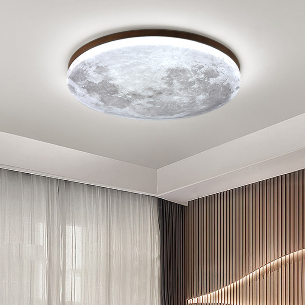 Flush Mount Ceiling Light Round Moon Print LED Wood - Image 5
