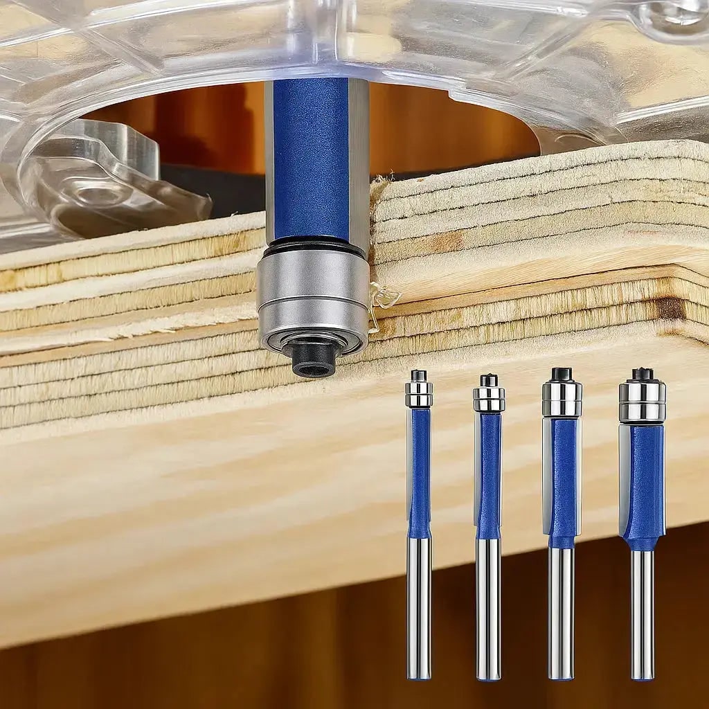 Flush Trim Router Bit Set with Double Top Bearings and Carbide Cutting Edges V Groove - Image 1