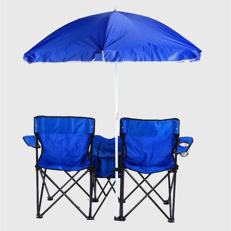 Foldable Double Collapsible Camping Chair with Center Cooler Umbrella and Cup Holders - Image 1