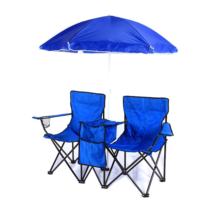 Foldable Double Collapsible Camping Chair with Center Cooler Umbrella and Cup Holders - Image 2