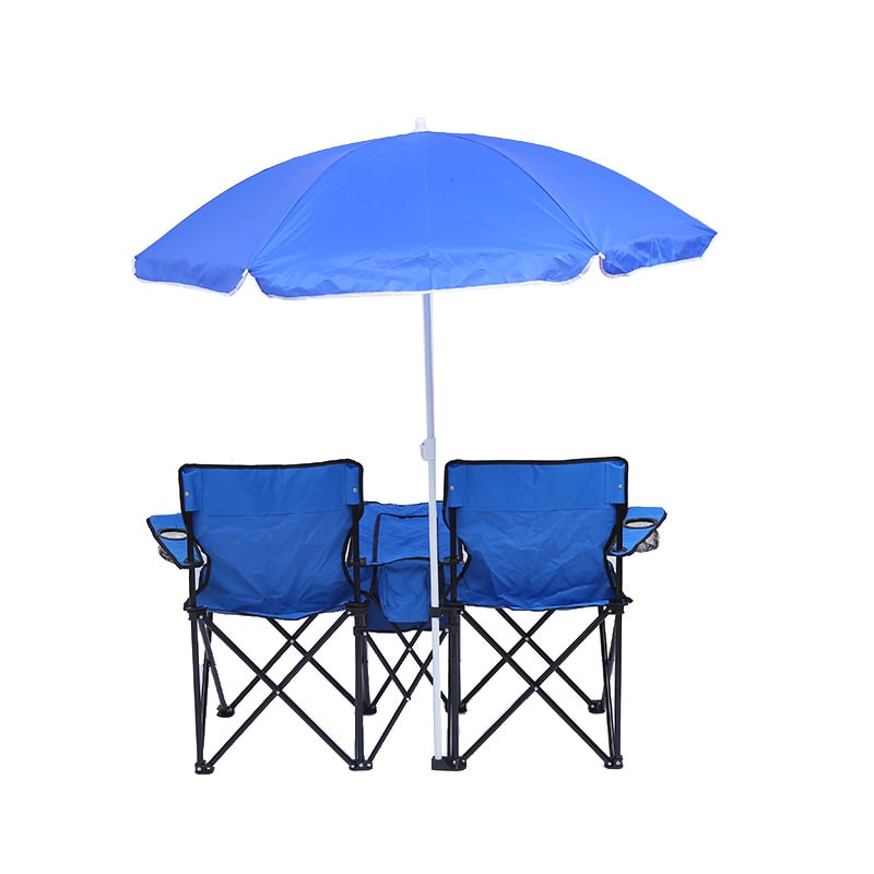 Foldable Double Collapsible Camping Chair with Center Cooler Umbrella and Cup Holders - Image 4