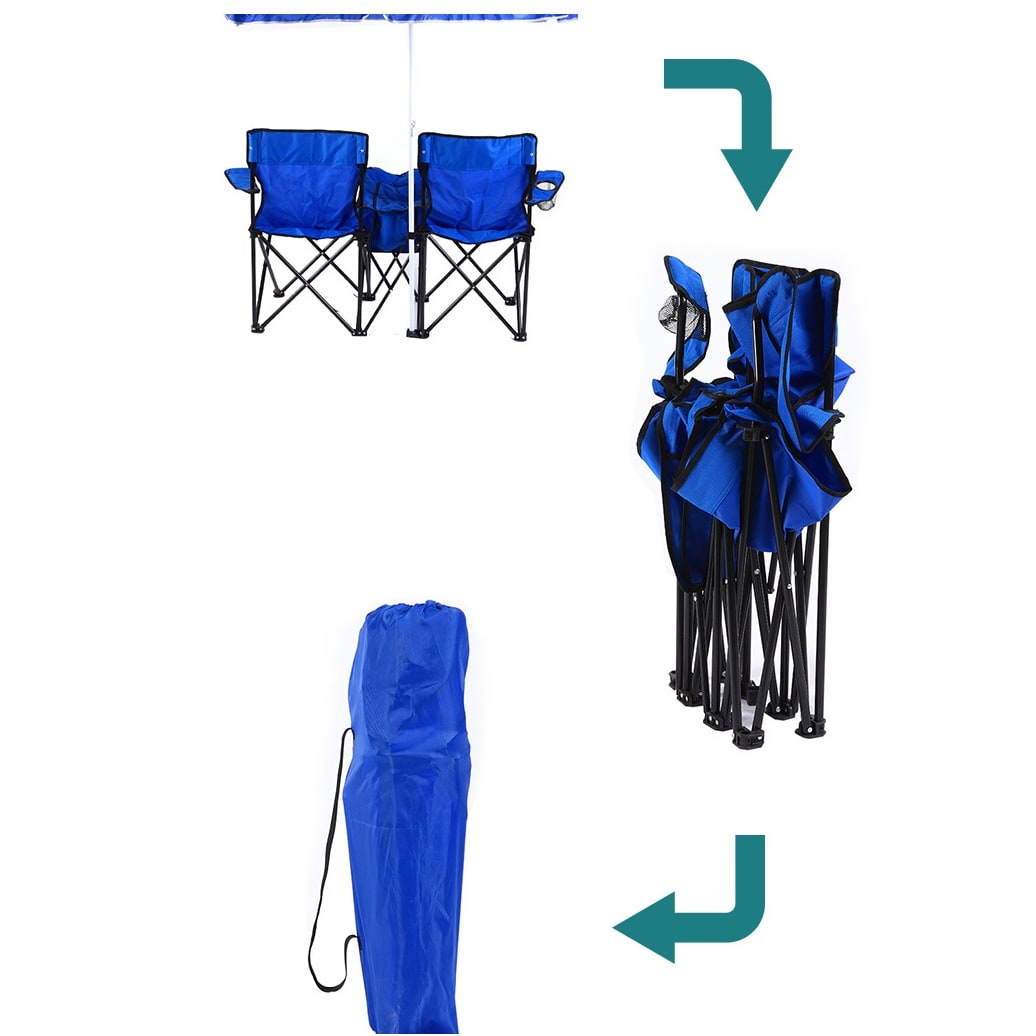 Foldable Double Collapsible Camping Chair with Center Cooler Umbrella and Cup Holders - Image 6