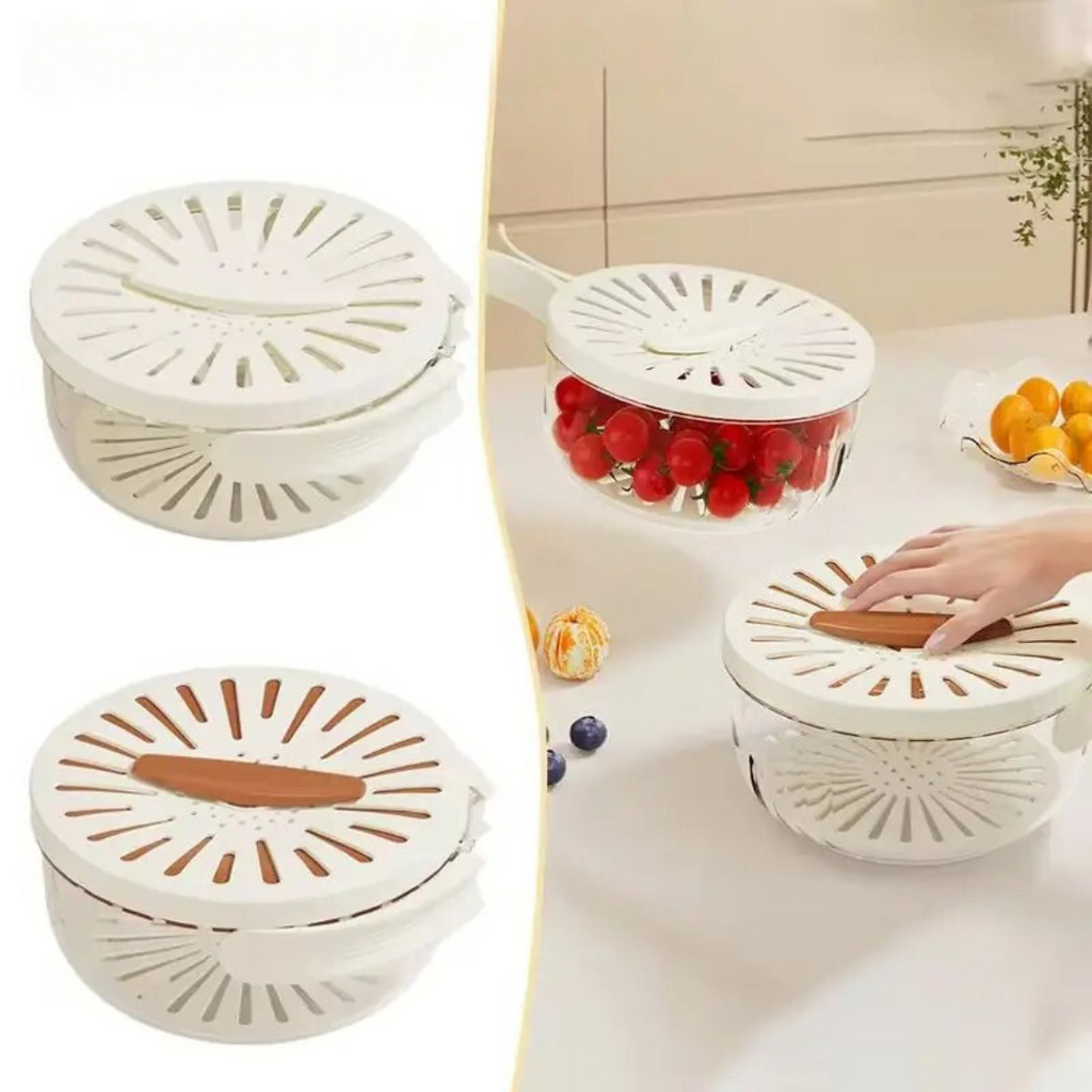 Food Storage Container with Removable Colander Ventilated Lid and Folding Handle for Produce - Image 1