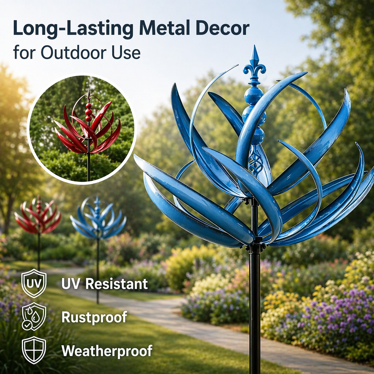 Garden Wind Spinners with Metal Lotus Flower Design and Kinetic Dual-Direction Rotation - Image 6