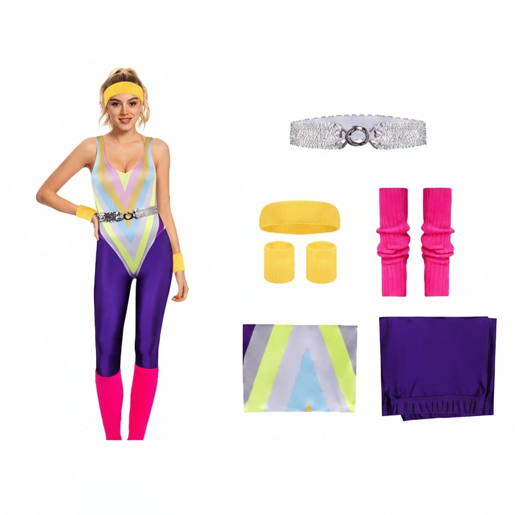 Girls' Halloween 80s Costume Party Outfit Workout Aerobics Leotard Leggings Leg Warmers Set - Image 2