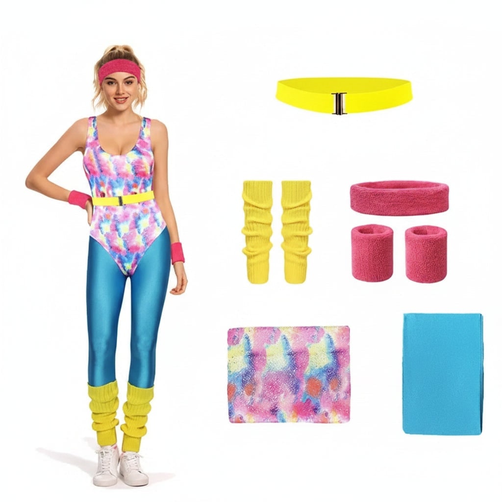 Girls' Halloween 80s Costume Party Outfit Workout Aerobics Leotard Leggings Leg Warmers Set - Image 3