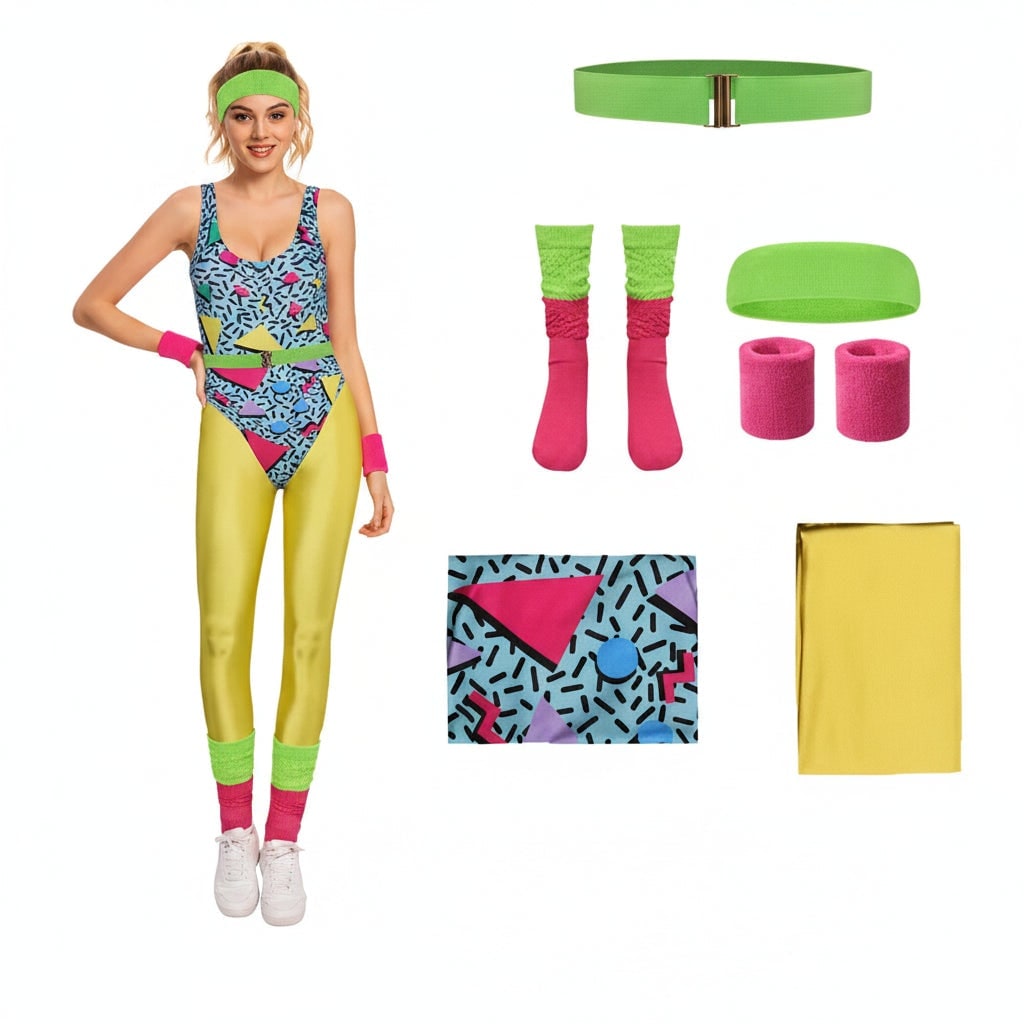 Girls' Halloween 80s Costume Party Outfit Workout Aerobics Leotard Leggings Leg Warmers Set - Image 4