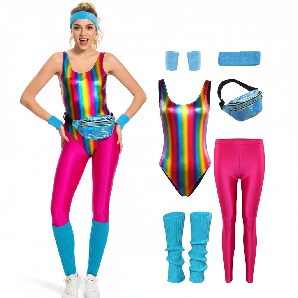 Girls' Halloween 80s Costume Party Outfit Workout Aerobics Leotard Leggings Leg Warmers Set - Image 7