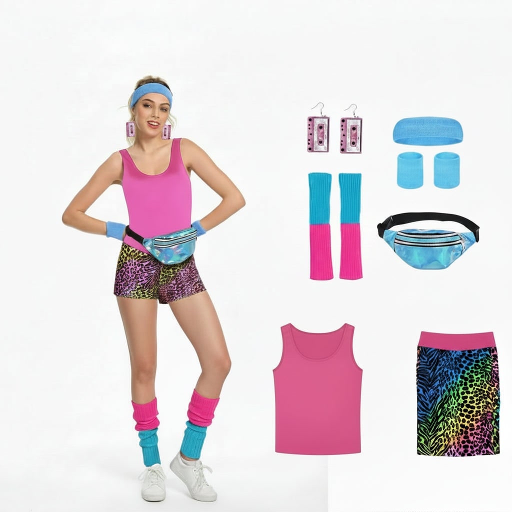Girls' Halloween 80s Costume Party Outfit Workout Aerobics Leotard Leggings Leg Warmers Set - Image 8