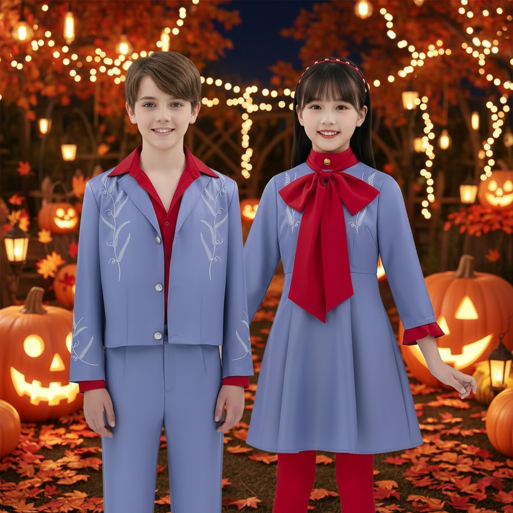 Girls' Halloween Anime Cosplay Costume Dress and Suit Set with Red Bow Tie and Collar for Party - Image 1