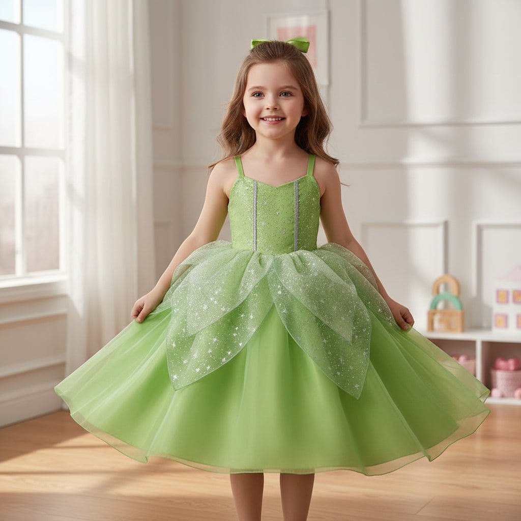 Girls' Halloween Fairy Costume Dress with Wings Tiara Wand and Gloves for Children's Outfit and Party - Image 1